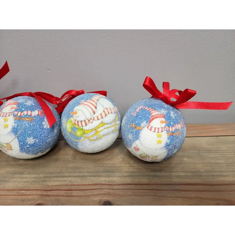 Vintage Sugar Coated Christmas Tree Ornaments Red Ribbon Snowman Lot Of 6